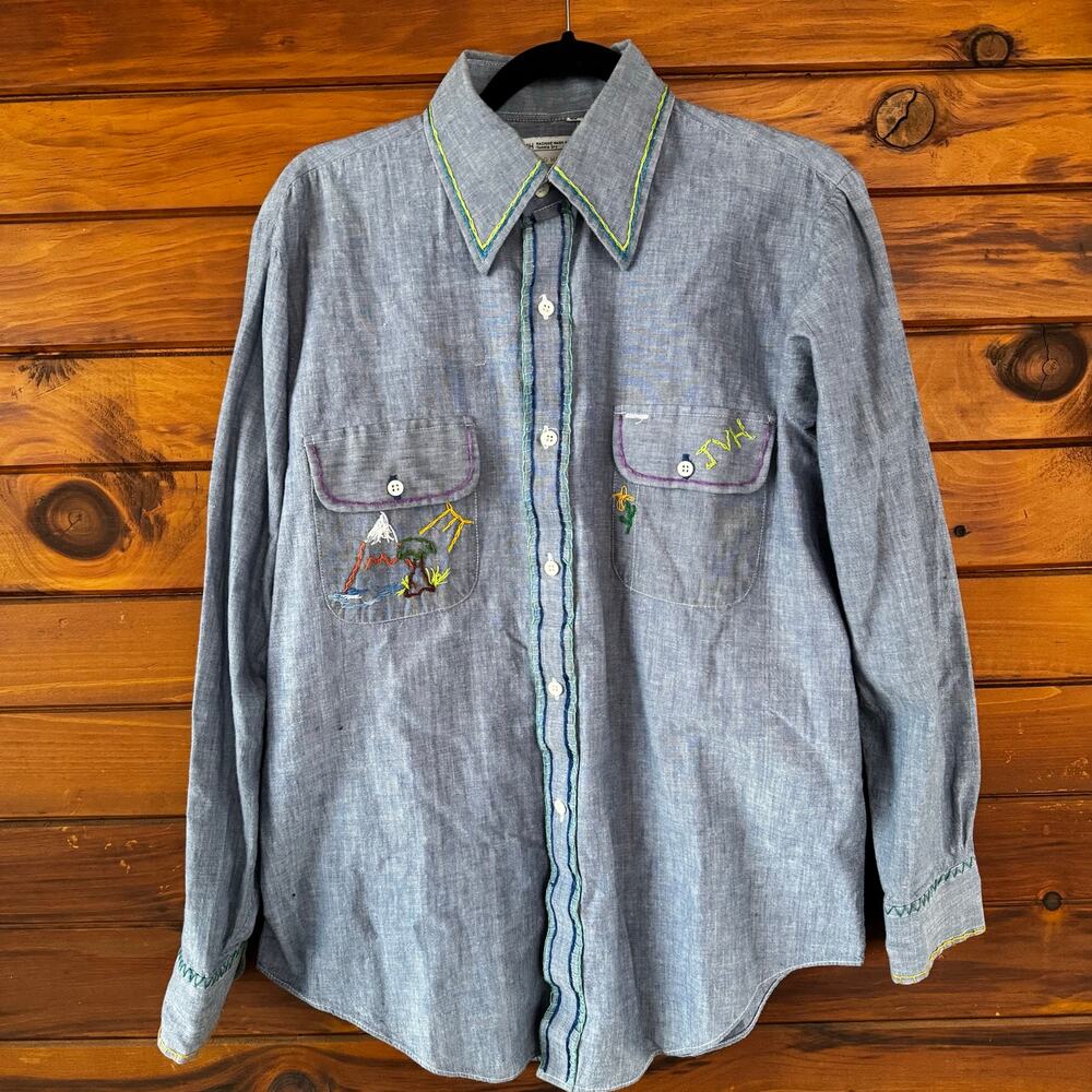 VINTAGE | 70s JC Penney Big MAC Cotton Chambray Shirt Embroidered Size M